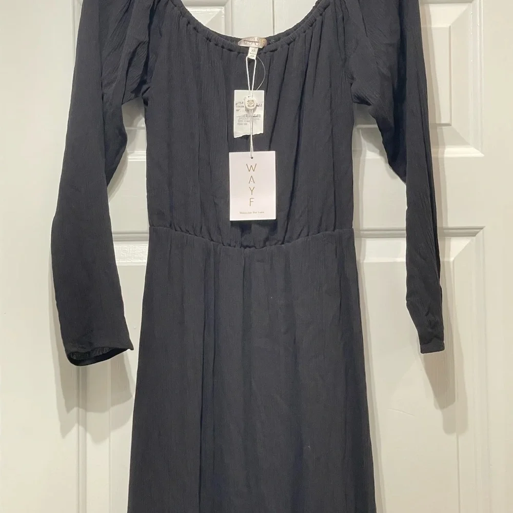 WAYF Dress Women’s XS Midi Off Shoulder Gauzy Pullover Black Side Slit NWT - Picture 8 of 10